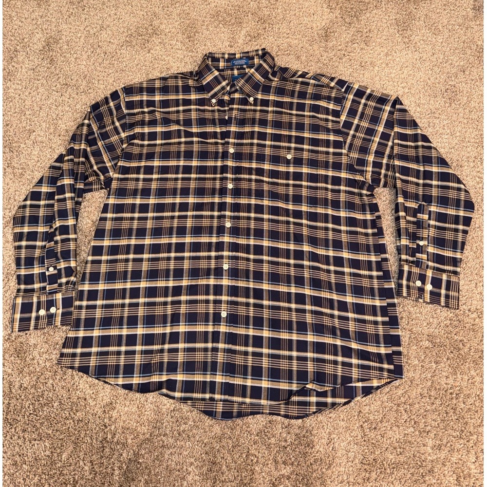 Towncraft Mens XL Plaid Button Down Shirt Wrinkle Free Navy Yellow Long Sleeve